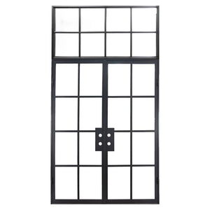 Double door made of iron featuring 8 glass panels on each side and an 8-panel glass transom on top. Doors and transom are thermally broken to protect from extreme weather.