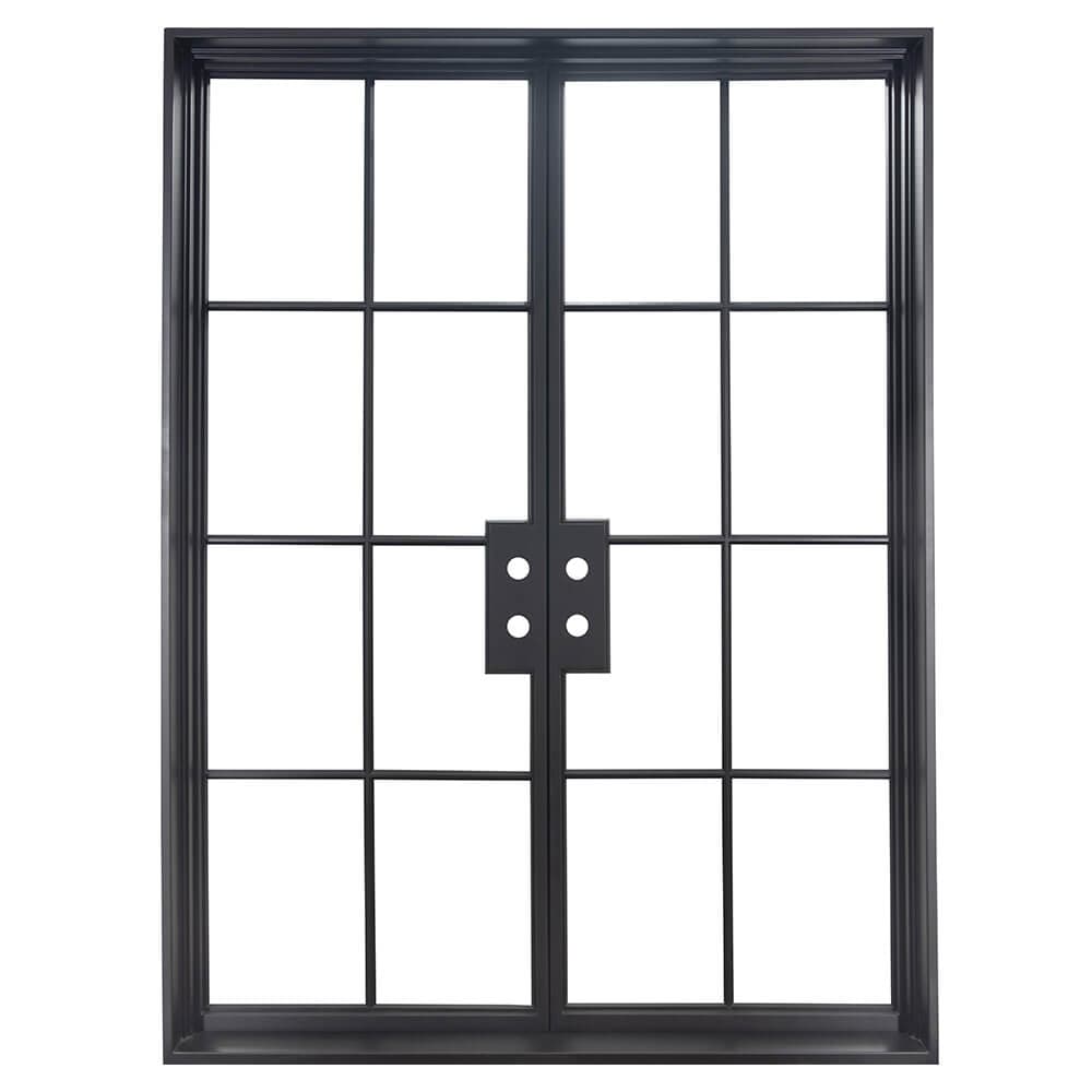 Iron double doors with glass window-pane panels on each side. Doors are thermally broken to protect from extreme weather.