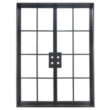 Load image into Gallery viewer, Iron double doors with glass window-pane panels on each side. Doors are thermally broken to protect from extreme weather.