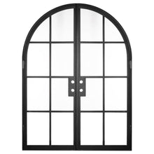 Load image into Gallery viewer, Iron double doors with glass window-pane panels on each side and a full arch on top. Doors are thermally broken to protect from extreme weather.