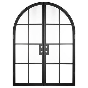 Iron double doors with glass window-pane panels on each side and a full arch on top. Doors are thermally broken to protect from extreme weather.