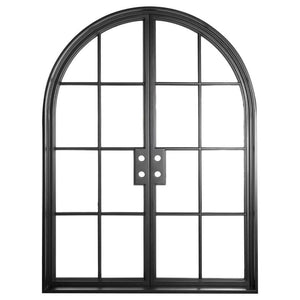 Iron double doors with glass window-pane panels on each side and a full arch on top. Doors are thermally broken to protect from extreme weather.