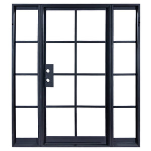 Single door made of iron with 8 panels of glass and 4 sidelights. Doors are thermally broken to protect from extreme weather.