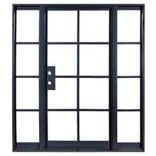Load image into Gallery viewer, Single door made of iron with 8 panels of glass and 4 sidelights. Doors are thermally broken to protect from extreme weather.