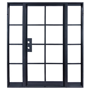 Single door made of iron with 8 panels of glass and 4 sidelights. Doors are thermally broken to protect from extreme weather.