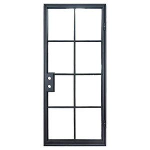 Single iron door with 8 glass window-paned panels. Door is thermally broken to protect from extreme weather.