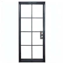 Load image into Gallery viewer, Single door made of iron and featuring a windowpane feature. Door is thermally broken to protect from extreme weather.