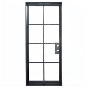 Single door made of iron and featuring a windowpane feature. Door is thermally broken to protect from extreme weather.