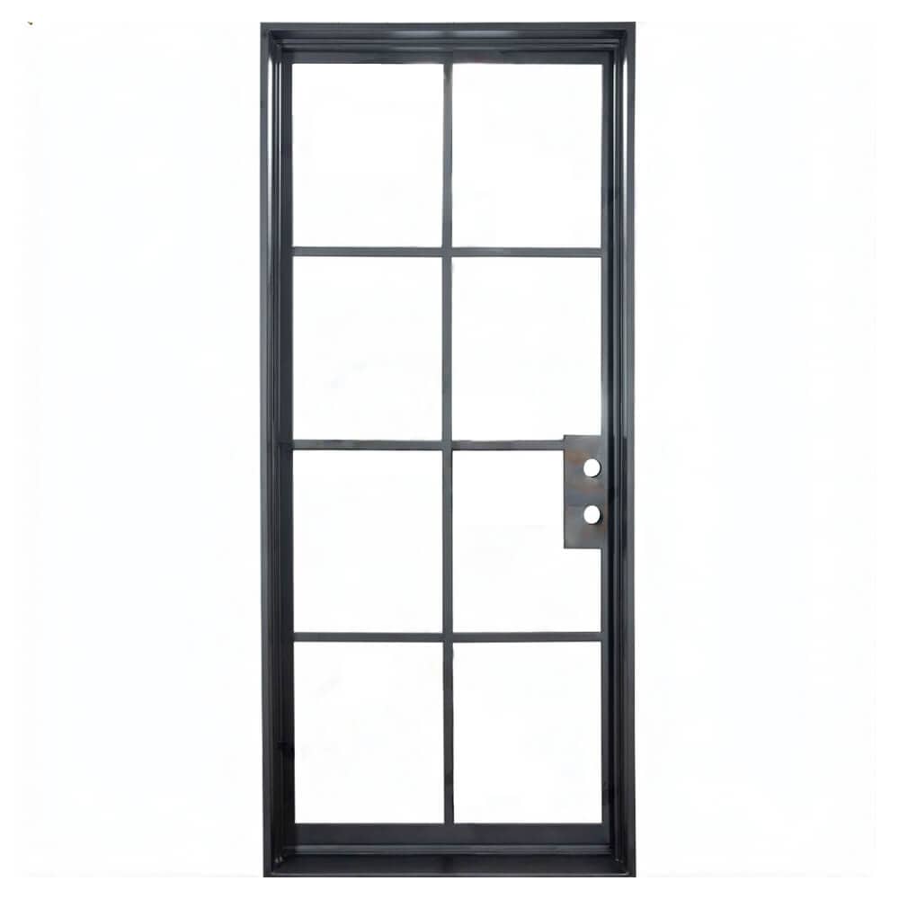 Single iron door with 8 glass window-paned panels. Door is thermally broken to protect from extreme weather.