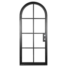 Load image into Gallery viewer, Single iron door with 8 glass window-paned panels and a full arch on top. Door is thermally broken to protect from extreme weather.