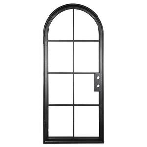Single iron door with 8 glass window-paned panels and a full arch on top. Door is thermally broken to protect from extreme weather.
