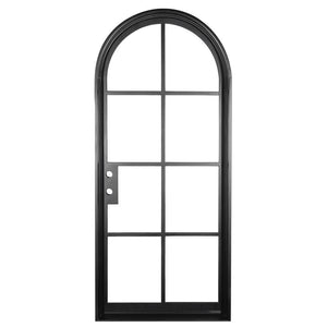 Single iron door with 8 glass window-paned panels and a full arch on top. Door is thermally broken to protect from extreme weather.