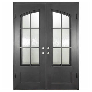 Double doors for an entryway made of iron and steel with 8-pane glass windows on top which come together in a slight arch.. Doors are thermally broken to protect from extreme weather.