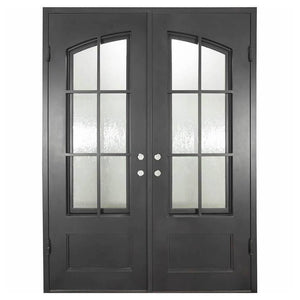 Double doors for an entryway made of iron and steel with 8-pane glass windows on top which come together in a slight arch. Doors are thermally broken to protect from extreme weather.