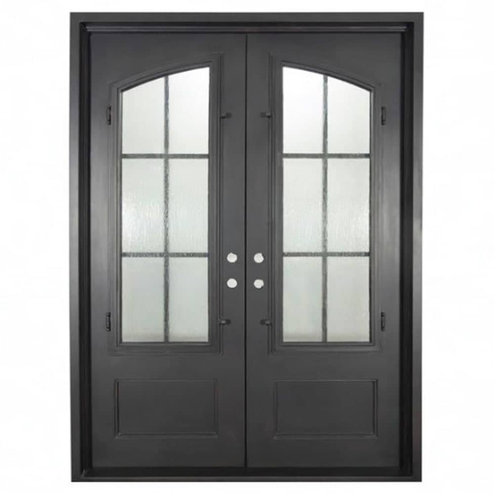 Double doors for an entryway made of iron and steel with 8-pane glass windows on top which come together in a slight arch. Doors are thermally broken to protect from extreme weather.