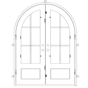 Double doors for an entryway made of iron and steel. Doors feature 8 panels of glass on top with a full arch and a solid bottom and are thermally broken to protect from extreme weather.