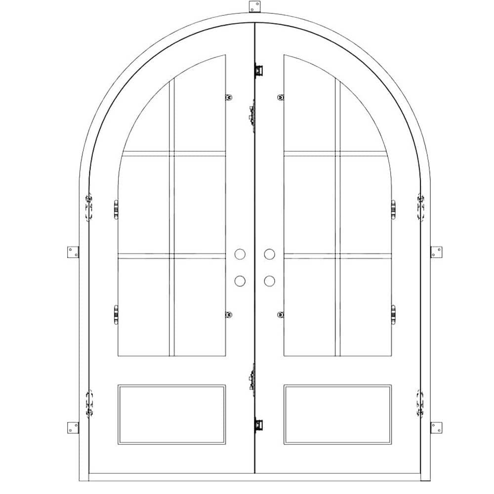 Double doors for an entryway made of iron and steel. Doors feature 8 panels of glass on top with a full arch and a solid bottom and are thermally broken to protect from extreme weather.