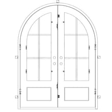 Load image into Gallery viewer, Double doors for an entryway made of iron and steel. Doors feature 8 panels of glass on top with a full arch and a solid bottom and are thermally broken to protect from extreme weather.