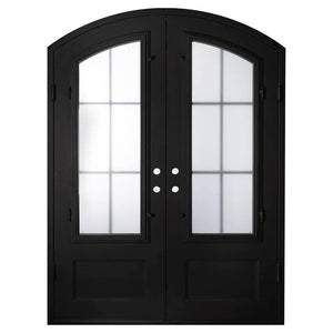 Double doors for an entryway made of iron and steel with 8-pane glass windows on top. Doors are thermally broken to protect from extreme weather.