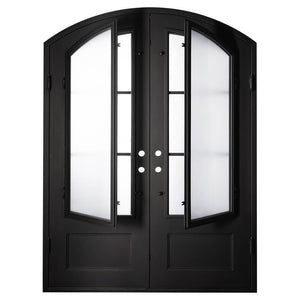 Double doors for an entryway made of iron and steel with 8-pane glass windows on top. Doors are thermally broken to protect from extreme weather.
