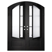Load image into Gallery viewer, Double doors for an entryway made of iron and steel with 8-pane glass windows on top. Doors are thermally broken to protect from extreme weather.