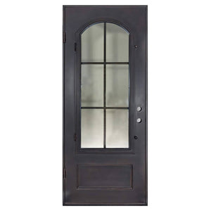 Single exterior door made of iron and steel featuring an 6-pane window on top with a slight arch, solid bottom, and squared doorframe. Door is thermally broken to protect from extreme weather.