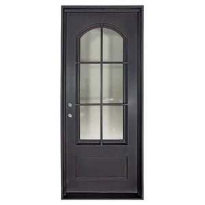 Single exterior door made of iron and steel featuring an 6-pane window on top with a slight arch, solid bottom, and squared doorframe. Door is thermally broken to protect from extreme weather.
