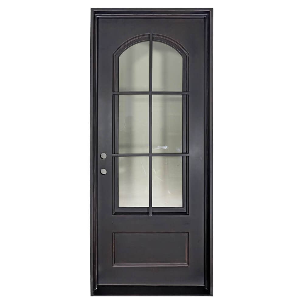 Single exterior door made of iron and steel featuring an 6-pane window on top with a slight arch, solid bottom, and squared doorframe. Door is thermally broken to protect from extreme weather.