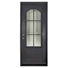 Load image into Gallery viewer, Single exterior door made of iron and steel featuring an 6-pane window on top with a slight arch, solid bottom, and squared doorframe. Door is thermally broken to protect from extreme weather.