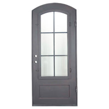 Load image into Gallery viewer, Single iron door with a single 6-pane window, slight arch and solid bottom. Door is thermally broken to protect from extreme weather.