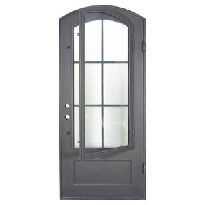 Single exterior door made of iron and steel featuring an 8-pane window on top with a slight arch and solid bottom. Door is thermally broken to protect from extreme weather.