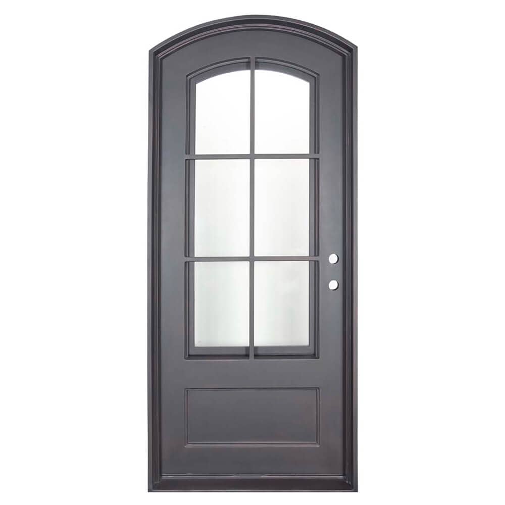 Single iron door with a single 6-pane window, slight arch and solid bottom. Door is thermally broken to protect from extreme weather.