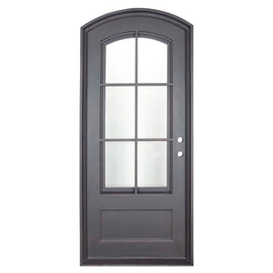 Single exterior door made of iron and steel featuring an 8-pane window on top with a slight arch and solid bottom. Door is thermally broken to protect from extreme weather.