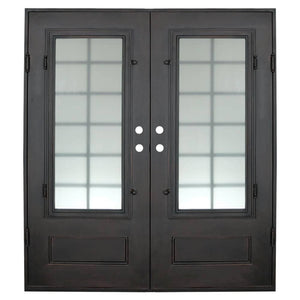 Double door made of iron and steel with a thick frame, a 12-pane window on each side and a solid bottom. Door is thermally broken to protect from extreme weather.