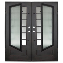 Load image into Gallery viewer, Double door made of iron and steel with a thick frame, a 12-pane window on each side and a solid bottom. Door is thermally broken to protect from extreme weather.