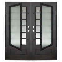 Double door made of iron and steel with a thick frame, a 12-pane window on each side and a solid bottom. Door is thermally broken to protect from extreme weather.