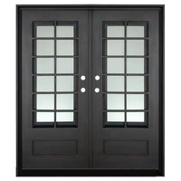 Double door made of iron and steel with a thick frame, a 12-pane window on each side and a solid bottom. Door is thermally broken to protect from extreme weather.