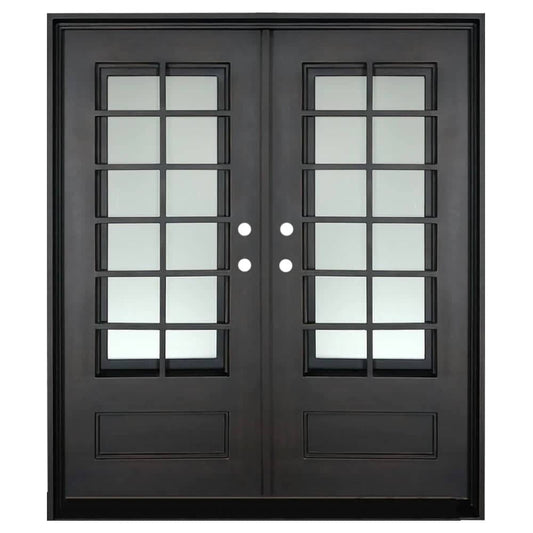 Double door made of iron and steel with a thick frame, a 12-pane window on each side and a solid bottom. Door is thermally broken to protect from extreme weather.