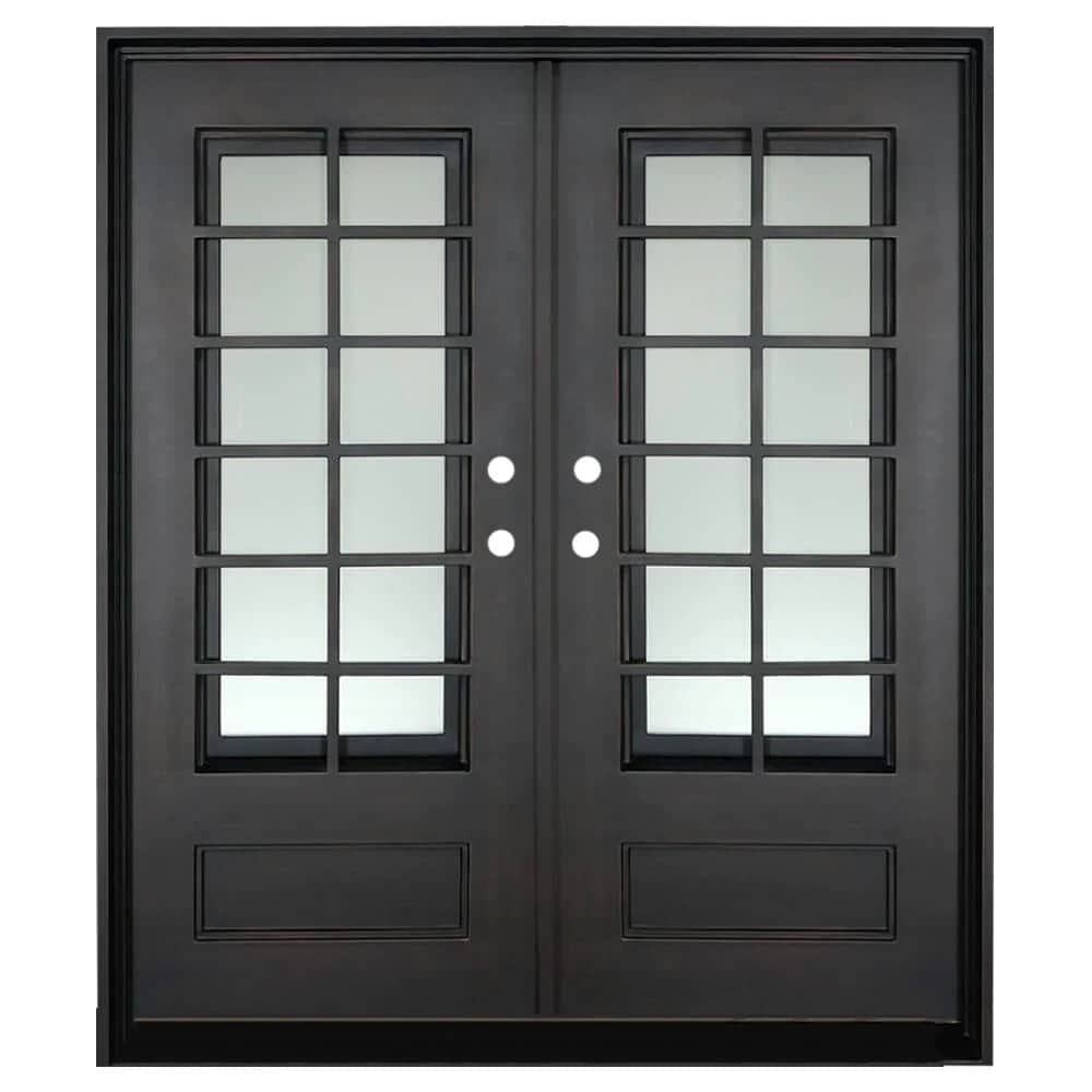 Double door made of iron and steel with a thick frame, a 12-pane window on each side and a solid bottom. Door is thermally broken to protect from extreme weather.