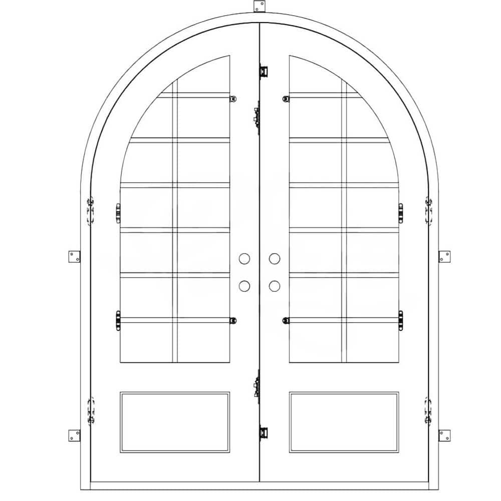 Double doors with a thick frame, 12-pane window panels on each side, a full arch on top and a solid bottom. Doors are thermally broken to protect from extreme weather.