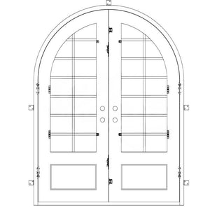 Double doors with a thick frame, 12-pane window panels on each side, a full arch on top and a solid bottom. Doors are thermally broken to protect from extreme weather.