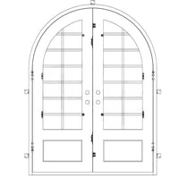 Double doors with a thick frame, 12-pane window panels on each side, a full arch on top and a solid bottom. Doors are thermally broken to protect from extreme weather.