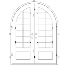 Load image into Gallery viewer, Double doors with a thick frame, 12-pane window panels on each side, a full arch on top and a solid bottom. Doors are thermally broken to protect from extreme weather.