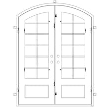 Load image into Gallery viewer, Double doors with a thick frame, 12-pane window panels on each side, a slight arch on top and a solid bottom. Doors are thermally broken to protect from extreme weather.