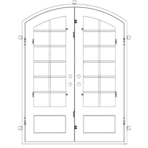 Double doors with a thick frame, 12-pane window panels on each side, a slight arch on top and a solid bottom. Doors are thermally broken to protect from extreme weather.
