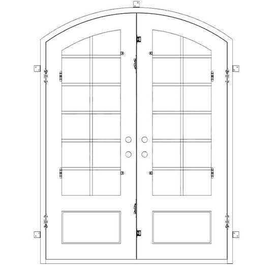 Double doors with a thick frame, 12-pane window panels on each side, a slight arch on top and a solid bottom. Doors are thermally broken to protect from extreme weather.