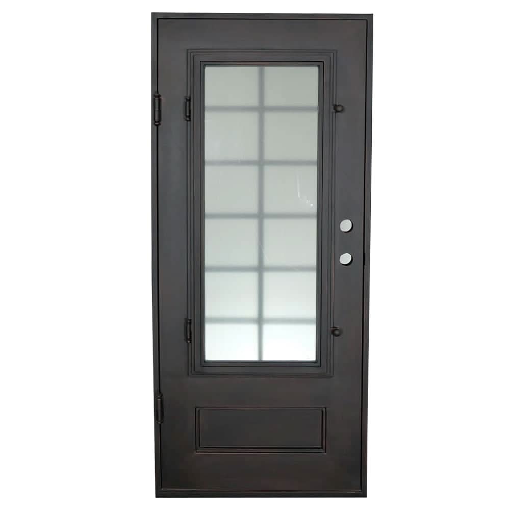Bronx Single flat top door with thick double-pane glass and ornate metalwork.