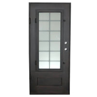 Single exterior door made of iron with a thick frame and a single 12-paned window. Door is thermally broken to protect from extreme weather.
