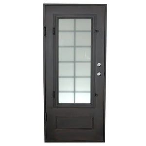 Single exterior door made of iron with a thick frame and a single 12-paned window. Door is thermally broken to protect from extreme weather.