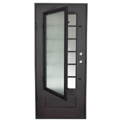 Bronx Bronze color flat top single door with decorative scrollwork and glass.